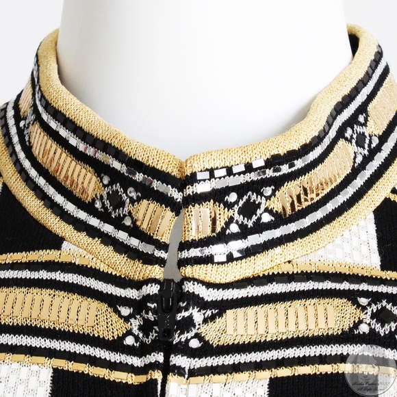 St John Evening Jacket Embellished Knit Gold Black White Zip Front Vintage Sz 10 - Picture 6 of 11